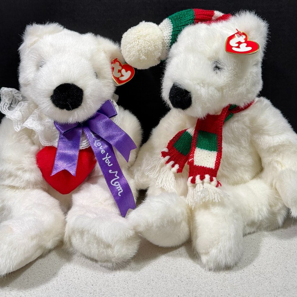 Two Ty Beanie Buddy White Plush Bears Approx. 14”